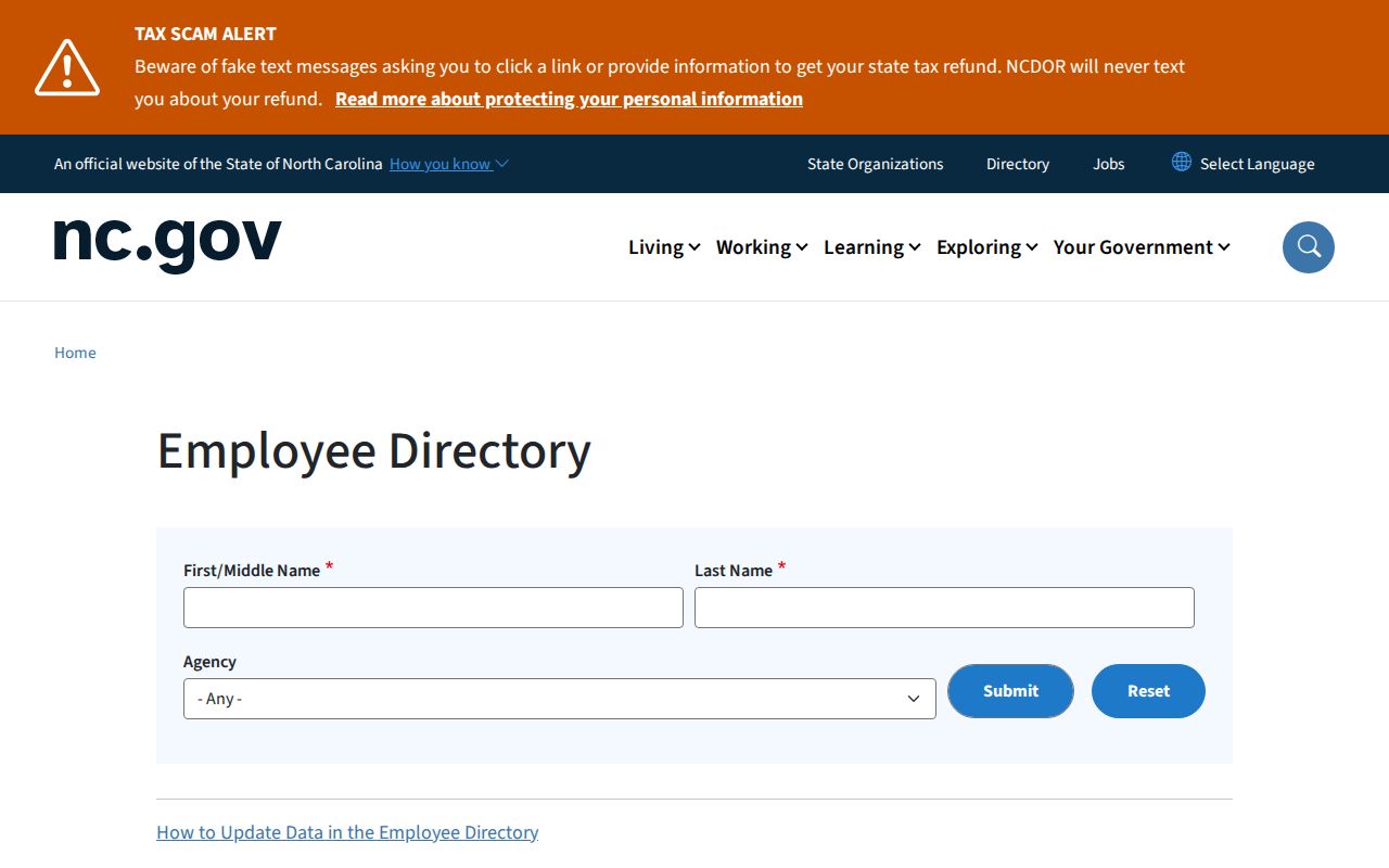 Apex people directories view of the NC Employee Directory name and agency fields