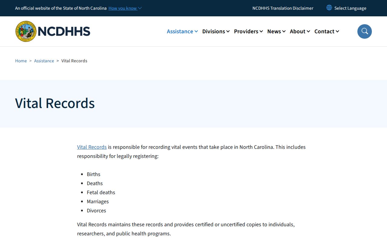 Apex public records routes on the North Carolina Vital Records page