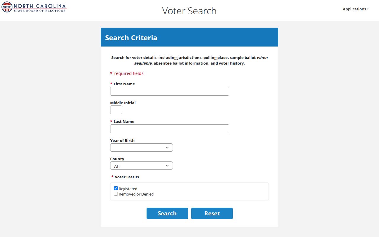 Apex voter registration search fields for name birth year and Wake County